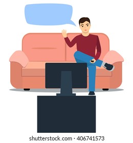 man sits on the couch, watching TV and outraged. Vector illustration of a man on sofa.