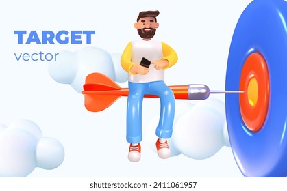 A man sits on a dart and hits the target. Concept of target, achieving success. Man with phone online. In 3D style. Vector illustration