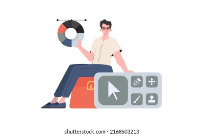 A man sits on a designer panel. Isolated. Element for presentation. Vector illustration