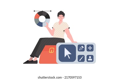 A man sits designer panel and color wheel  Isolated  Element for presentation  Vector illustration
