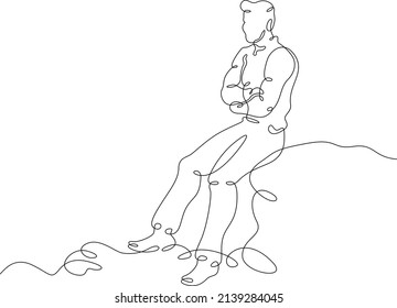 A man sits the edge cliff  A young man sits alone rock  Romantic anticipation  A teenager is sad in loneliness One continuous line drawing  Line Art isolated white background 