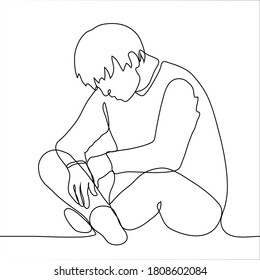 man sits on the floor with his head bowed. one continuous line drawing concept of sadness, longing, depression, fatigue, loneliness