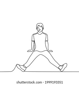 man sits on the floor with his legs wide apart to the sides of his arms behind his back - one line drawing. guy watching the viewer sitting on the floor in a cute spontaneous pose 