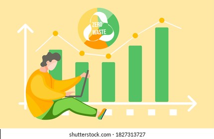 A man sits on the floor with a laptop and works or studies online on the background of diagram. Dynamics of changes in the green graph reflecting the state of the planet. Zero waste, recycling
