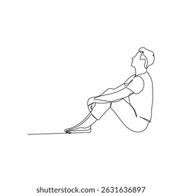 Un hombre se sienta en el boceto de piso en estilo de dibujo de línea continua. Esbozo lineal negro minimalista aislado sobre fondo blanco. Ilustración vectorial