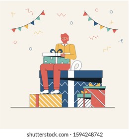 Man sits on a gift box and holding gift in  hands. Concept for a holiday card birthday or Valentine's day, banner, advertising. Flat minimal style vector illustration on white background.