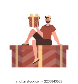 A man sits on a gift box. Modern character style.
