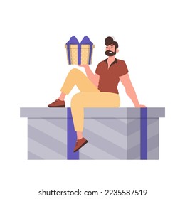 Un hombre se sienta en una caja de regalo. Estilo moderno. Vector.