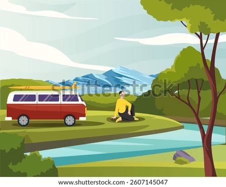 A man sits on grass beside a red camper van near a river with mountain and forest background, peaceful travel and outdoor leisure concept. Vector illustration
