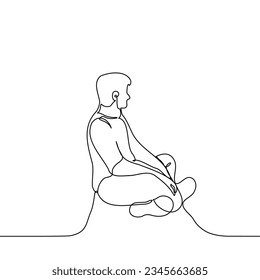 man sits on the ground or on the floor with his legs bent, silhouette in profile - one line art vector. concept sit, wait, relax