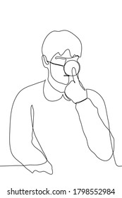 the man sits on him wearing a clown nose in which he pokes his index finger, he does not smile. one continuous line drawing concept to expose yourself to ridicule, pretend to be cheerful and happy