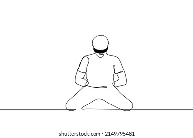 man sits his knees blindfolded his hands are hidden tied behind his back    one line drawing vector  concept kidnapped  prisoner  bdsm game