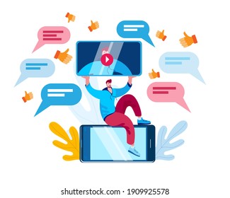 A man sits on his smartphone and shows a video. The concept of a vector illustration on the topic of video blogging.