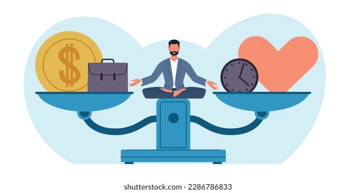 Man sits on huge scale, balancing finances and love. Choosing between money and family. Alternative solutions. Business or romantic relationships. Thinking character cartoon flat vector concept