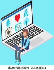 Man sits on keyboard and uses tablet pc. Internet surfing or reading an article. Businessman chatting online at home. Communicating in social media, blogging. Male character talking via video call