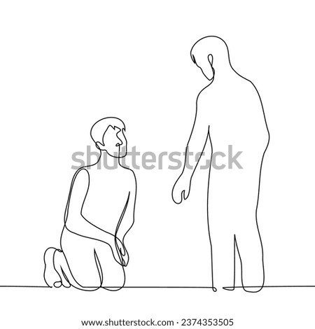 man sits on knees in front of standing man, palms folded together in pleading gesture, second one extends hand to him - one line art vector. concept of giving alms, charity, social assistance