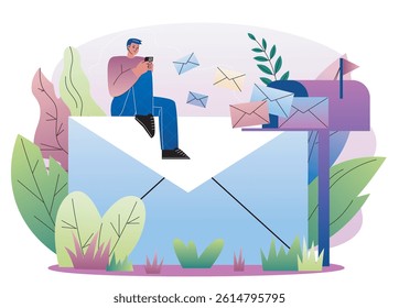 A man sits on a large envelope using a smartphone, with mail flying into a purple mailbox, surrounded by plants and leaves on a pastel background. Concept of digital communication. Vector illustration