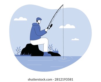 A man sits on a large rock by the water's edge, holding his fishing rod.