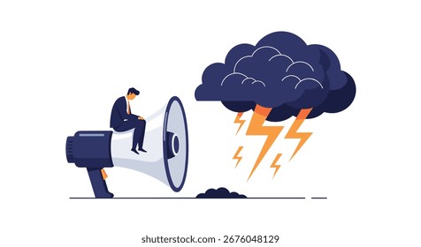 Man sits on a megaphone looking stressed as a storm cloud approaches with lightning strikes