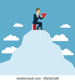 A man sits on a mountain with a book in their hands Businessman. Teacher. Lawyer. Marketer. Business trainer. Director. Employee. Chief. Financier. Higher education. Career growth. Student. Abiturient