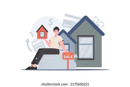 A man sits on a mountain of documents and holds a small house in his hands. The concept of selling a house. trendy style. Vector illustration.