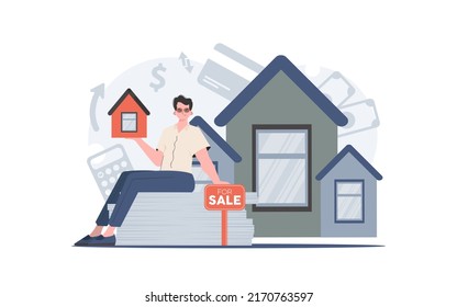 A man sits on a mountain of documents and holds a small house in his hands. Real estate sale concept. trendy style. Vector illustration.