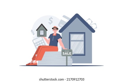 Un hombre se sienta en una montaña de documentos y sostiene una pequeña casa en sus manos. Vender una casa o un inmueble. estilo de moda. Ilustración vectorial.