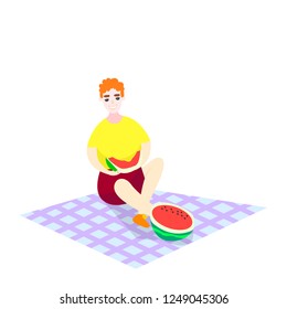 Man sits on a picnic and eats a watermelon, on a white background. Vector illustration.