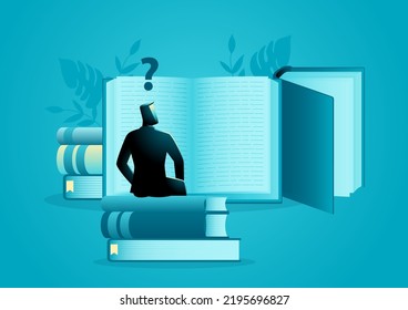 Man sits on a pile of books and reads a giant book curiously, literature, knowledge, education, vector illustration