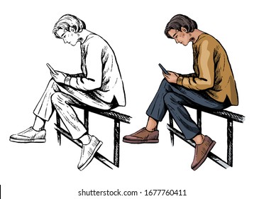 A man sits on the railing and looks at the phone. Hand drawn vector illustration. Set of contour and color drawing isolated on white. Vintage sketch elements for design, print, cards. Realistic style.