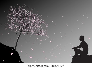 man sits on the rock, look at falling cherry pink leaves and think about sense of human life, zen meditation near the sacura, vector