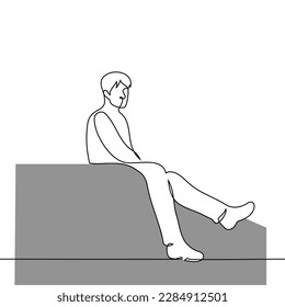 man sits on the roof of a building, his legs hang down - one line drawing vector. the concept of sitting on the roof alone
