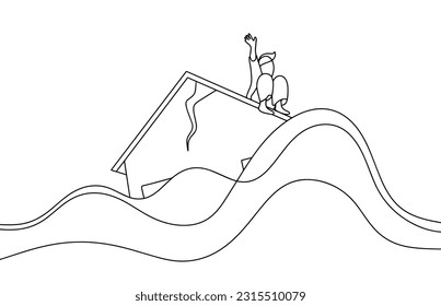 A man sits on the roof of a destroyed house. The house is sinking in a flood. Consequences of military actions. One line drawing for different uses. Vector illustration.