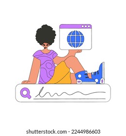 A man sits on a search bar and holds a browser window in his hands. Search for the necessary information on the Internet. Retro style character.