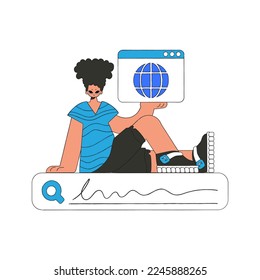 A man sits on a search bar and holds a browser window in his hands. Search for information. Linear retro style character.