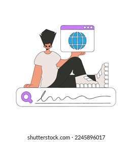 Un hombre se sienta en una barra de búsqueda y tiene un navegador web en sus manos. Buscar información. Carácter de estilo retro.