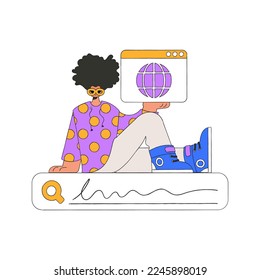 A man sits on a search bar and holds a browser window in his hands. Search for information. Retro style character.