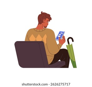 Man sits on seat and online communicates by chat in smartphone. Person with phone in hands is texting, answers messages in dialog back view. Flat isolated vector illustration on white background