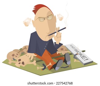 Man sits on the skulls and bones and smokes until smoke goes out from his ears 