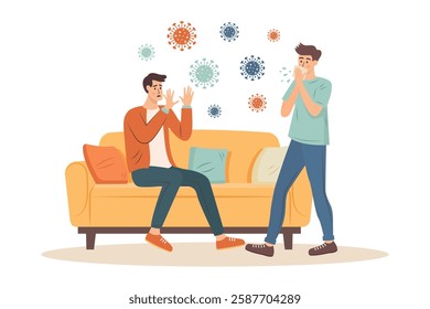 Man sits on the sofa and is afraid of viruses from a sneezing or coughing person passing by. Virus attack, epidemic concept.