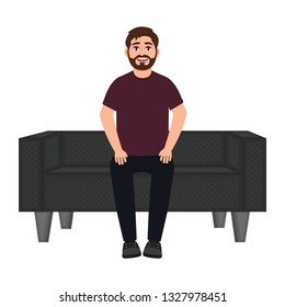 A man sits on a sofa, a bearded smiling man waits on a soft sofa vector illustration