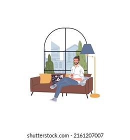 Man sits on sofa bed at home. Simple flat vector isolated on white background