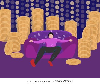 A man sits on a sofa, and a lot of coins are around him