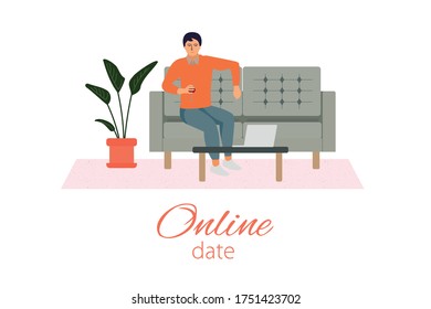 Man sits on the sofa with glass of wine in his hands and communicates online. Love through internet. 