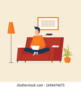 Man sits on a sofa with a laptop, working from home, watching TV shows, freelance, self-isolation, virus. Flat style vector illustration.