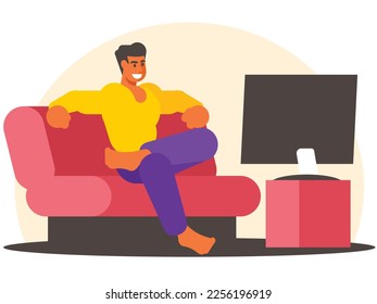 A man sits on the sofa in the living room and watches TV. Vector graphics