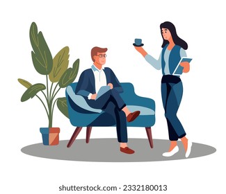 A man sits on a sofa near a houseplant and a woman brings coffee, vector illustration