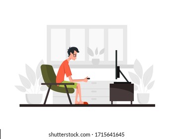 Man sits on a sofa and plays game console on TV. Side view. Color vector cartoon flat illustration. Concept for coronavirus epidemic quarantine. Stay home.