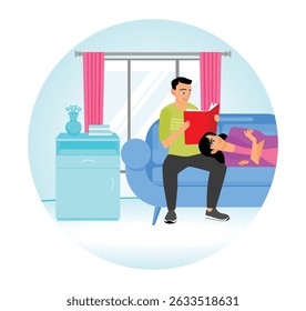 Un hombre se sienta en un sofá leyendo un libro mientras una mujer se acuesta en su regazo, en una acogedora y colorida sala de estar.