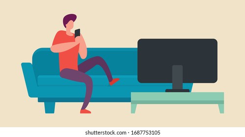 Man sits on a sofa and watches TV. Stay home. Vetor concept with quarantine and self isolation.